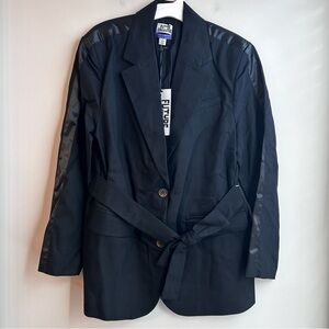 Future Collective Black Blazer, Small, Belt Tie, Stripe, Women's, Business